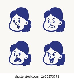 Cartoon vector of a little girl showing four expressions: happy, excited, talking, and sad. Ideal for educational tools, UI stickers, children’s books, or emotional expression packs