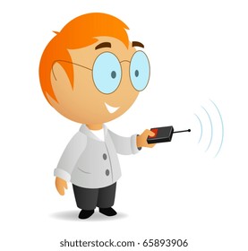 Cartoon vector little scientist with remote control