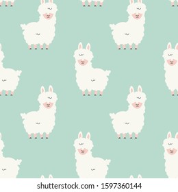 Cartoon vector llama alpaca flat style seamless pattern