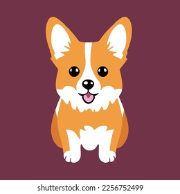 Cartoon vector logo of kawaii cute funny corgi dog puppy sitting and looking at camera isolated on violet background. Simple flat icon graphic illustration.