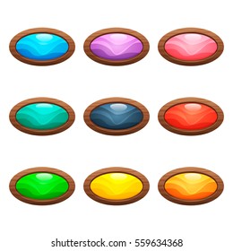 Cartoon vector long oval buttons set with colorful middles in wooden frame, isolated on white background.