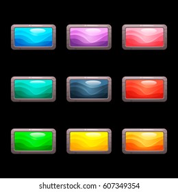 Cartoon vector long rectangle buttons set with colorful middles in a stone frame, isolated on black background.