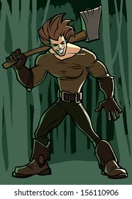 Cartoon vector lumberjack holding an axe on his shoulder