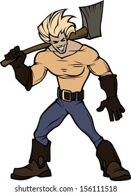 Cartoon vector lumberjack holding an axe on his shoulder