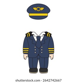 Cartoon Vector of Male Airline Pilot Uniform with Cap and Epaulets for Aviation and Travel Themes
