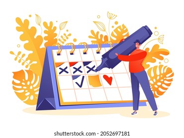 Cartoon vector male character marks the date on a huge calendar, planning important things to do. Time management, work organization and notification of life events, memo reminder, work plan. 
