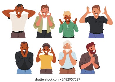 Cartoon Vector Male Characters Expressing Surprise And Happiness With Diverse Expressions. Young And Mature Men Exhibit High Energy And Positive Emotions, Depicting Joy, Excitement, And Enthusiasm