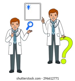 cartoon vector Male Doctor is hold a syringe and Doctor has a question mark, illustration   