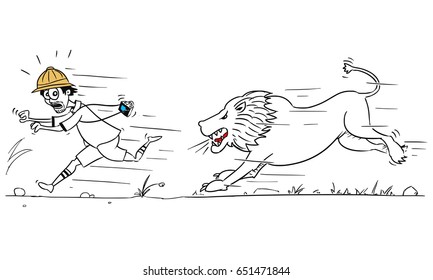 Cartoon vector male tourist is running away from male lion pursuing him