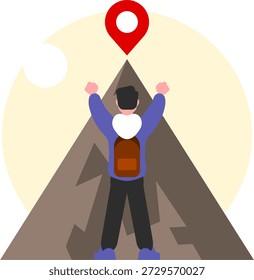Cartoon vector of a man focusing on a mountain summit. Concept of business success, personal goals, and ambition. Hiker or professional aiming for the top. Isolated character on white background