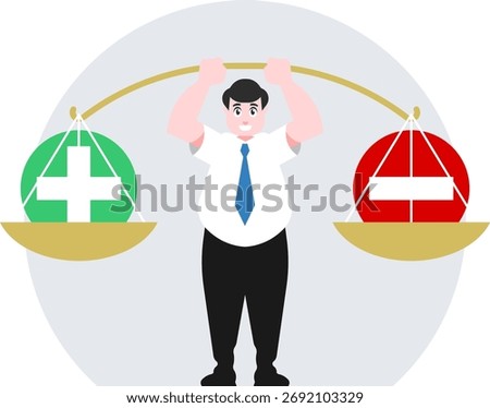 Cartoon vector of a man holding a weight scale symbolizing weighing pros and cons, decision making, logic, and balance concept. Ideal for business and strategy themes