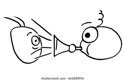 Cartoon vector of man playing horn vuvuzela sound against another man.