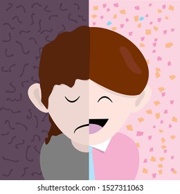 Cartoon vector man portrait, one half is unhappy and other half is happy. Concept New Year, New You.