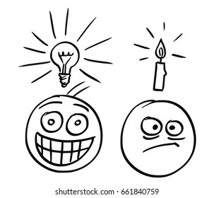 Cartoon vector of man with shining light bulb above his head and with great happy smile. Man just got great idea. Second man with candle above his head and unhappy focused expression in his face.