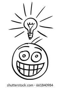 Cartoon vector of man with shining light bulb above his head and with great happy smile. Man just got great idea.