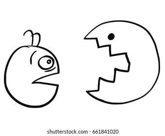 Cartoon vector of man unpleasantly surprised by big toothy beast monster