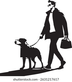 Cartoon vector of a man walking his dog in a modern urban setting, ideal for pet care themes, blogs, and dog lover merchandise.