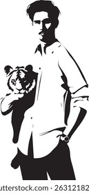 Cartoon vector of a man walking his dog in a modern urban setting, ideal for pet care themes, blogs, and dog lover merchandise.