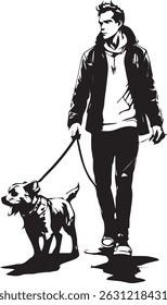 Cartoon vector of a man walking his dog in a modern urban setting, ideal for pet care themes, blogs, and dog lover merchandise.