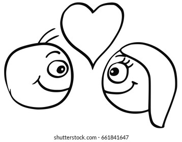 Cartoon vector of man and woman in love smiling at each other with large heart symbol 