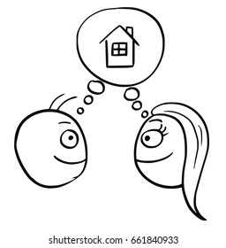 Cartoon vector of man and woman thinking planning together to live in, build, buy or rent a family house 