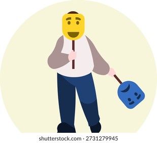 Vector de dibujos animados de un hombre con máscaras amarillas felices y tristes azules. Concepto de emociones, psicología y cambios de sentimiento. Personaje que esconde sentimientos detrás de máscaras coloridas. Aislado en el fondo blanco