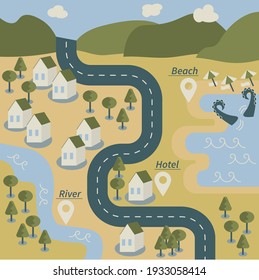 Cartoon Vector Map In Flat Style Drawn With Landmarks, Mountains, Road, Sea, River, Forest And Houses