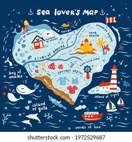 Cartoon vector map of one who is in love with sea, hand drawn decorative ocean background, doodle illustration marine life, sea heart design travel fantasy wallpaper for play kids, nautical sign