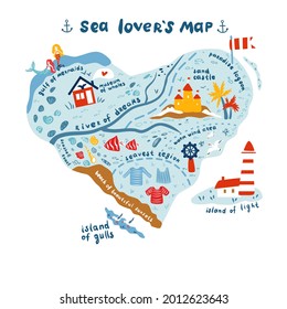 Mapa vectorial de caricatura de una persona que está enamorada del mar, fondo oceánico decorativo dibujado a mano, ilustración de doodle vida marina, diseño de corazón marino viajes de fantasía fondo de pared aislado en blanco para niños de juego