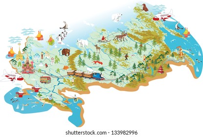 Cartoon vector map of Russia with a symbol of Moscow - St. Basil's Cathedral, a symbol of St. Petersburg - Admiralty, with variety of animals living in the area and traveling people as well.