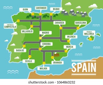 Cartoon vector map of Spain. Travel illustration with spanish main cities.