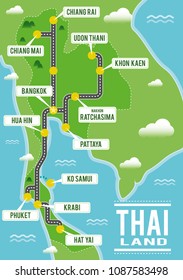 Cartoon vector map of Thailand. Travel illustration with thai main cities.