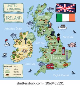 Cartoon vector map of United Kingdom and Ireland with isolated objects and characters