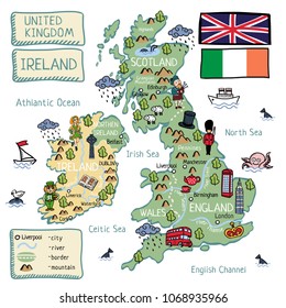 Cartoon vector map of United Kingdom and Ireland with isolated objects and characters