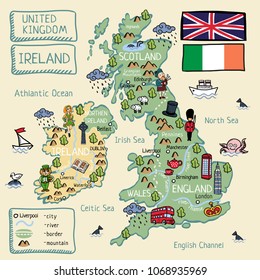 Cartoon vector map of United Kingdom and Ireland with isolated objects and characters