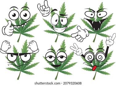 Caricatura vectorial de la hoja de marihuana mascota sobre fondo blanco. Perfecto para imprimir en carteles, tapices, murales, tazas, gafas, tumbonas, pancartas, enrollamientos. Formato vectorial EPS.