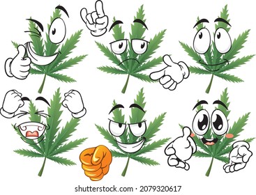 Caricatura vectorial de la hoja de marihuana mascota sobre fondo blanco. Perfecto para imprimir en carteles, tapices, murales, tazas, gafas, tumbonas, pancartas, enrollamientos. Formato vectorial EPS.