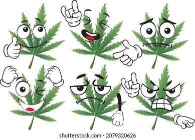 Cartoon, Vektorgrafik von Marihuana-Blatt Maskottchen auf weißem Hintergrund. Ideal für den Druck auf Plakaten, Tapeten, Wandgemälde, Umarmungen, Brillen, Liegestühle, Banner, Rollup. EPS-Vektorformat.