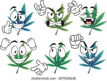 Cartoon vector marijuana leaf mascot on white background. Perfect for printing on posters, wallpapers, wall murals, mugs, glasses, deckchairs, banners, roll-ups. EPS vector format.