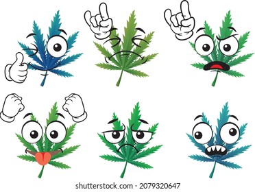 Cartoon vector marijuana leaf mascot on white background. Perfect for printing on posters, wallpapers, wall murals, mugs, glasses, deckchairs, banners, roll-ups. EPS vector format.