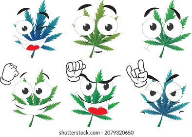 Caricatura vectorial de la hoja de marihuana mascota sobre fondo blanco. Perfecto para imprimir en carteles, tapices, murales, tazas, gafas, tumbonas, pancartas, enrollamientos. Formato vectorial EPS.