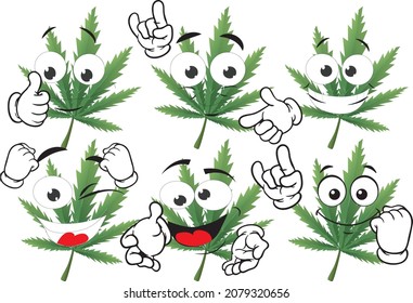 Caricatura vectorial de la hoja de marihuana mascota sobre fondo blanco. Perfecto para imprimir en carteles, tapices, murales, tazas, gafas, tumbonas, pancartas, enrollamientos. Formato vectorial EPS.