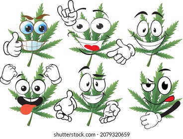 Cartoon vector marijuana leaf mascot on white background. Perfect for printing on posters, wallpapers, wall murals, mugs, glasses, deckchairs, banners, roll-ups. EPS vector format.