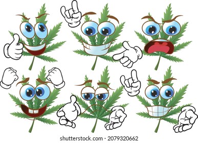 Caricatura vectorial de la hoja de marihuana mascota sobre fondo blanco. Perfecto para imprimir en carteles, tapices, murales, tazas, gafas, tumbonas, pancartas, enrollamientos. Formato vectorial EPS.
