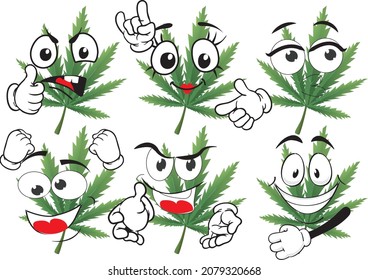 Cartoon vector marijuana leaf mascot on white background. Perfect for printing on posters, wallpapers, wall murals, mugs, glasses, deckchairs, banners, roll-ups. EPS vector format.