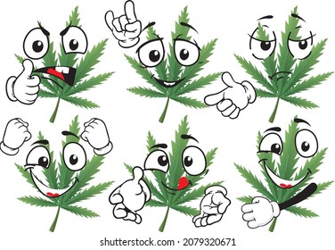 Caricatura vectorial de la hoja de marihuana mascota sobre fondo blanco. Perfecto para imprimir en carteles, tapices, murales, tazas, gafas, tumbonas, pancartas, enrollamientos. Formato vectorial EPS.