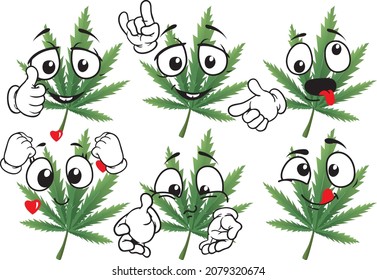 Cartoon vector marijuana leaf mascot on white background. Perfect for printing on posters, wallpapers, wall murals, mugs, glasses, deckchairs, banners, roll-ups. EPS vector format.