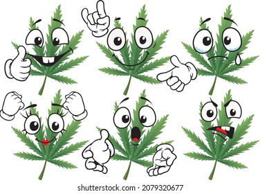 Cartoon vector marijuana leaf mascot on white background. Perfect for printing on posters, wallpapers, wall murals, mugs, glasses, deckchairs, banners, roll-ups. EPS vector format.