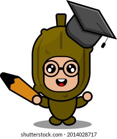 Cartoon-Vektormascot-Charakter süß pickierte Gemüse-Kostüme mit Graduierdeckel und Bleistift-Stift