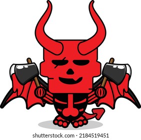 cartoon vector mascot character cute skull red devil holding a bloody ax